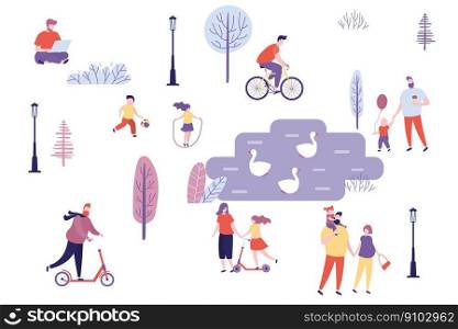 Various people in park,weekend activities,adults and children on nature,male and female characters walking,swans in the pond,trendy style vector illustration. Various people in park,weekend activities,adults and children on nature,