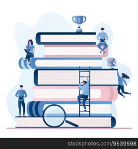 Various people sitting and standing on pile of books.Beauty students characters reading books or textbooks. Education or learning concept. Business Skills Improvement. Trendy style vector illustration