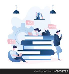 Various people with smart gadgets,books on background,education and skill improvement concept,male and female characters,trendy style vector illustration