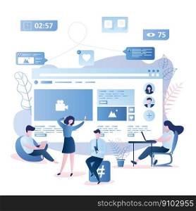 Various people with smart gadgets,web page with media content and signs on background,male and female characters,chatting in social network concept,trendy style vector illustration. male and female characters,chatting in social network concept