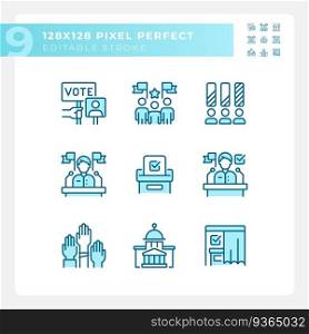 Various pixel perfect blue icons set representing voting and election, isolated vector illustration, editable politics signs.. Editable pixel perfect blue voting icons pack