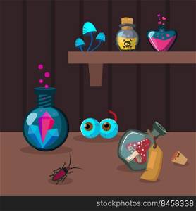 Various potion ingredients on brown background. Crystal, poison, insect flat vector illustration. Witchcraft and alchemy concept for banner, website design or landing web page
