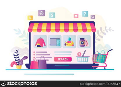 Various products in internet shop, online store showcase. Concept of e-commerce and business. Different goods on laptop screen, technology of shopping in online marketplace. Flat vector illustration. Various products in internet shop, online store showcase. Concept of e-commerce and business. Technology of shopping in online marketplace.