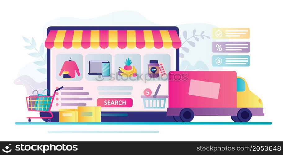 Various products in internet shop, online store showcase. E-commerce and fast delivery. Different goods in shopping trolley. Technology of shopping in online marketplace. Flat vector illustration. Various products in internet shop, online store showcase. E-commerce and fast delivery. Different goods in shopping trolley.