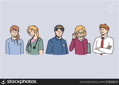 Various professions and specialisation concept. Group of young people working as manager doctor deliveryman teacher and businessman vector illustration. Various professions and specialisation concept.