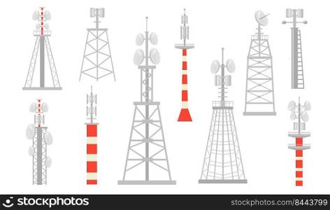 Various radio towers flat icon set. Wire≤ss satellite towered wave transmitters for broadcast isolated vector illustration col≤ction. Te≤comμnication and signal transmission concept
