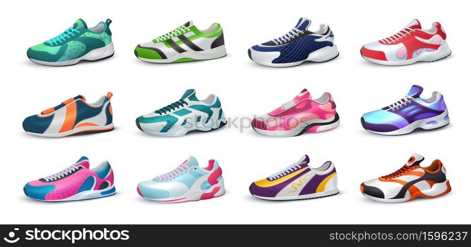 Various realistic sneakers. Colorful footwear. Isolated collection of modern sport shoes for fitness training, jogging and everyday wearing. Shop advertising, logo template. Vector casual clothes set. Various realistic sneakers. Colorful footwear. Collection of modern sport shoes for fitness and jogging and everyday wearing. Shop advertising, logo template. Vector casual clothes set