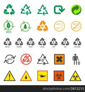 various recycle and hazardous sign set. vector various ecology and dangerous signs