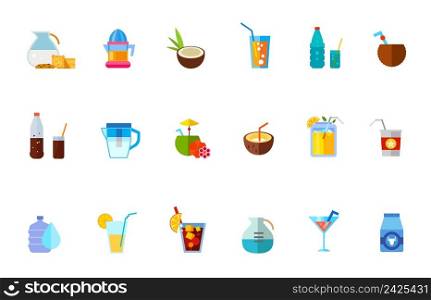 Various refreshing drinks icon set. Coconut Cocktail Tasty Cuba Libre Drink Bottle and Glass with Cola Water Dispenser Orange Juice Milk Summer Drink Soda Glass Electric Juicer Tubule and Flowers