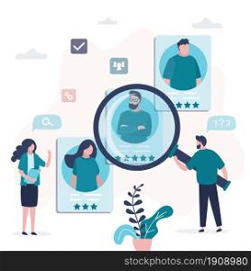 Various resumes of people candidates. CV of job seekers. Business people use magnifying glass and chooses workers and hires. Skills assessment, quality of professional training. Flat vector illustration. Various resumes of people candidates. CV of job seekers. Business people use magnifying glass and chooses workers and hires.