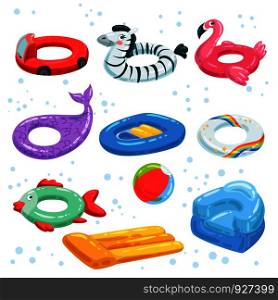 Various rubber equipment for water park. Vector pictures of inflatable toys. Swim equipment circle inflatable and bright illustration. Various rubber equipment for water park. Vector pictures of inflatable toys