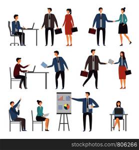 Various scene of active business people in office. Dialogues businessman and worker, person communication illustration. Various scene of active business people in office. Dialogues