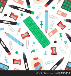Various school supplies. Hand drawn vector pattern back to school and education school supplies isolated on white background. Sketchbook  calculator  pencil  eraser  markers  glue  paper clips  etc.