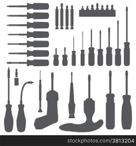 various screwdriver silhouette set. vector various screwdriver dark grey silhouette set