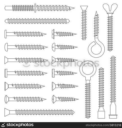 various screws outline set. vector dark grey outline screw set