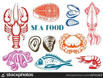 Various seafood set. Illustration of fish, shellfish and crustaceans.
