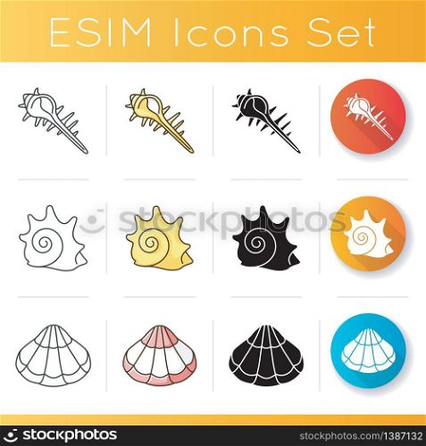 Various seashells icons set. Linear, black and RGB color styles. Sea shells collection hobby, conchology. Rock shell, closed scallop and exptic spiked conch vector isolated illustrations. Various seashells icons set
