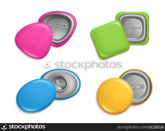 Various shapes of badges. Realistic illustrations badges of different shapes. Button badge round, label emblem pin vector. Various shapes of badges. Realistic illustrations badges of different shapes