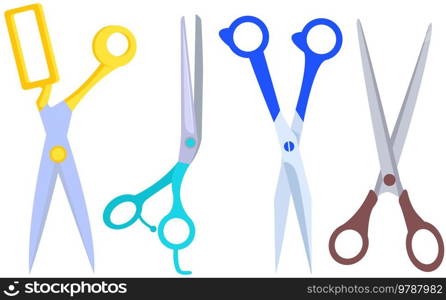 Various shapes scissors set. Tool made of blades and plastic handles. Equipment for creativity, cutting materials. Iron scissors with colorful handles isolated on white. Sharp cutting tool, clippers. Various shapes scissors set. Tool made of blades and plastic handles. Equipment for creativity