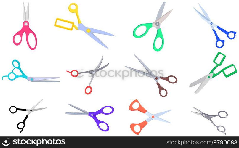 Various shapes scissors set. Tool made of blades and plastic handles. Equipment for creativity, cutting materials. Iron scissors with colorful handles isolated on white. Sharp cutting tool, clippers. Various shapes scissors set. Tool made of blades and plastic handles. Equipment for creativity