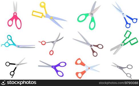 Various shapes scissors set. Tool made of blades and plastic handles. Equipment for creativity, cutting materials. Iron scissors with colorful handles isolated on white. Sharp cutting tool, clippers. Various shapes scissors set. Tool made of blades and plastic handles. Equipment for creativity