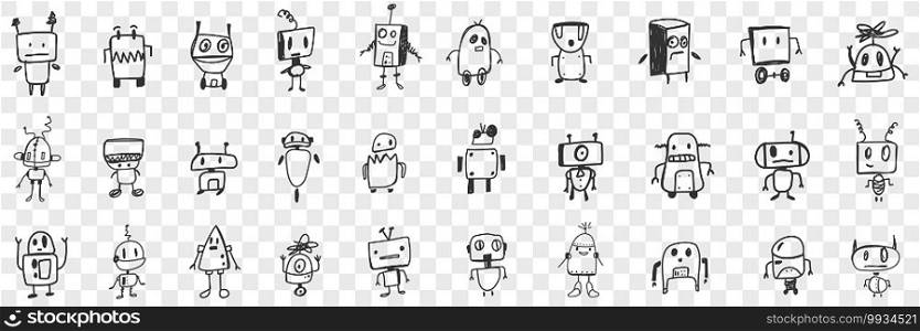 Various smart robots doodle set. Collection of hand drawn cute electronic robots with human heads in rows isolated on transparent background. Illustration of high technologies concept . Various smart robots doodle set
