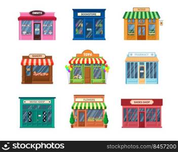 Various storefronts set. Traditional shop buildings and entrance, cafe facade, sweets, bookstore, pharmacy, bakery, flowers, wine, shoes stores. For small business, retail concept