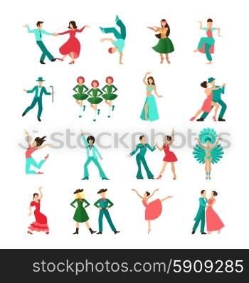 Various style dancing man icons. Various style dancing men solo and pairs flat icons isolated vector illustration