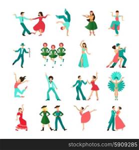 Various style dancing man icons. Various style dancing men solo and pairs flat icons isolated vector illustration