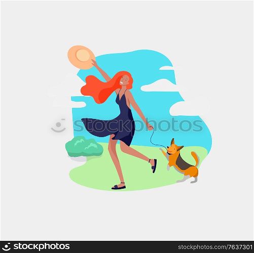 Various stylish girl with her dog character go outdoor on street in summer clothes. Summer hot sunny weather. Colored trendy cartoon. Various stylish people character go on street under umbrellas in summer clothes. Summer hot sunny weather. Colored