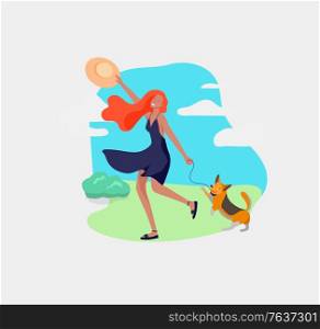 Various stylish girl with her dog character go outdoor on street in summer clothes. Summer hot sunny weather. Colored trendy cartoon. Various stylish people character go on street under umbrellas in summer clothes. Summer hot sunny weather. Colored