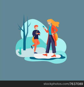 Various stylish people character go on street under in warm clothes. Spring and melting snow weather. Colored trendy cartoon vector illustration. Various stylish people character go on street under umbrellas in warm clothes. Autumn rainy weather. Colored trendy cartoon