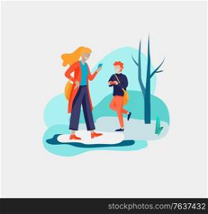 Various stylish people character go on street under in warm clothes. Spring and melting snow weather. Colored trendy cartoon vector illustration. Various stylish people character go on street under umbrellas in warm clothes. Autumn rainy weather. Colored trendy cartoon