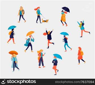 Various stylish people character go on street under umbrellas in warm clothes. Autumn rainy weather. Colored trendy cartoon vector illustration. Various stylish people character go on street under umbrellas in warm clothes. Autumn rainy weather. Colored trendy cartoon