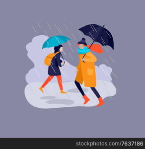 Various stylish people character go on street under umbrellas in warm clothes. Autumn rainy weather. Colored trendy cartoon vector illustration. Various stylish people character go on street under umbrellas in warm clothes. Autumn rainy weather. Colored trendy cartoon