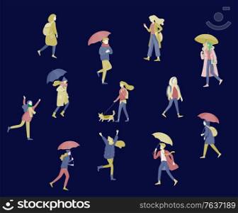 Various stylish people character go on street under umbrellas in warm clothes. Autumn rainy weather. Colored trendy cartoon vector illustration. Various stylish people character go on street under umbrellas in warm clothes. Autumn rainy weather. Colored trendy cartoon
