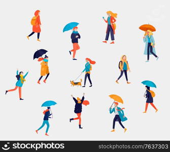 Various stylish people character go on street under umbrellas in warm clothes. Autumn rainy weather. Colored trendy cartoon vector illustration. Various stylish people character go on street under umbrellas in warm clothes. Autumn rainy weather. Colored trendy cartoon