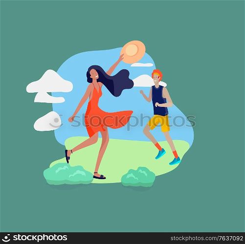 Various stylish people couple character go outdoor on street in summer clothes. Summer hot sunny weather. Colored trendy cartoon. Various stylish people character go on street under umbrellas in summer clothes. Summer hot sunny weather. Colored