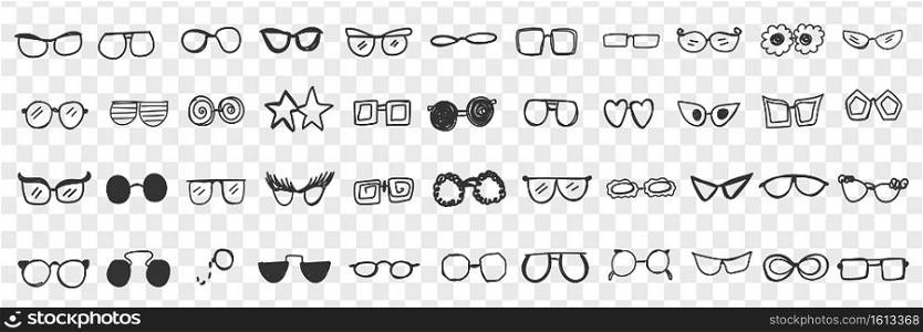 Various stylish sunglasses doodle set. Collection of hand drawn stylish sunglasses personal accessories for wearing on sun isolated on transparent background. Illustration of fashion belongings . Various stylish sunglasses doodle set