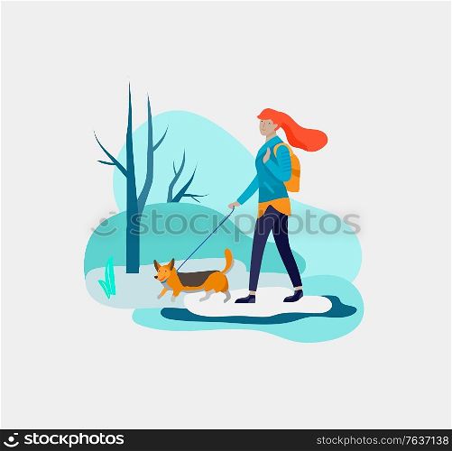 Various stylish woman or girl character go on street under in warm clothes. Spring and melting snow weather. Colored trendy cartoon vector illustration. Various stylish people character go on street under umbrellas in warm clothes. Autumn rainy weather. Colored trendy cartoon