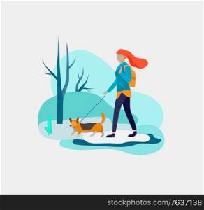 Various stylish woman or girl character go on street under in warm clothes. Spring and melting snow weather. Colored trendy cartoon vector illustration. Various stylish people character go on street under umbrellas in warm clothes. Autumn rainy weather. Colored trendy cartoon
