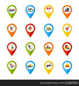 Various summer vacation locations marks signs colorful icons collection with surfing refreshments and beach accessories isolated vector illustration. Various Locations Signs Colorful Icons Set