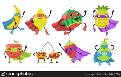 Various superhero fruits flat icon set. Comic cartoon super banana, apple, strawberry, watermelon, pear, pineapple and lemon vector illustration collection. Healthy diet and food concept