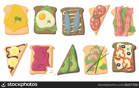 Various tasty toasts flat set for web design. Cartoon sandwich bread with eggs, fish, cheese, avocado slices, bacon isolated vector illustration collection. Healthy food and breakfast concept