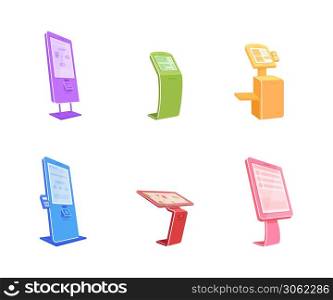 Various terminals flat color vector object set. Digital automats with touch screens. Self serving kiosk isolated cartoon illustration for web graphic design and animation collection. Various terminals flat color vector object set