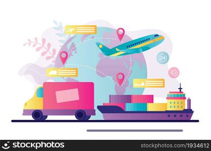 Various transport on which parcels delivered. Concept of fast delivery, logistics and transportation. Map with destinations and routes. Import of goods. Banner in trendy style.Flat vector illustration. Various transport on which parcels delivered. Concept of fast delivery, logistics and transportation. Map with destinations and routes