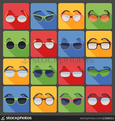 Various trendy frame shapes modern summer sunglasses flat icons set bright colorful abstract isolated vector illustration. Sunglasses glasses fashion flat icons set
