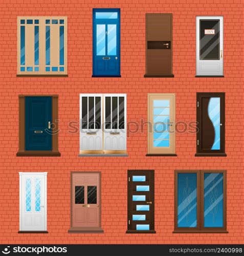Various type and material closed double and single house doors set on brick wall background flat isolated vector illustration. House Doors Set