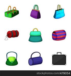 Various types of bags icons set. Cartoon set of 9 various types of bags vector icons for web isolated on white background. Various types of bags icons set, cartoon style