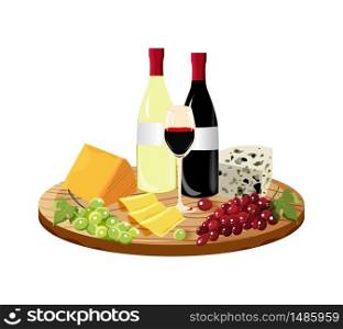 Various types of cheese with figs,wine and olives on rustic wooden board. Vector set of realistic dairy products.Isolated collection cheese pieces used for logo design, recipe book, advertising.